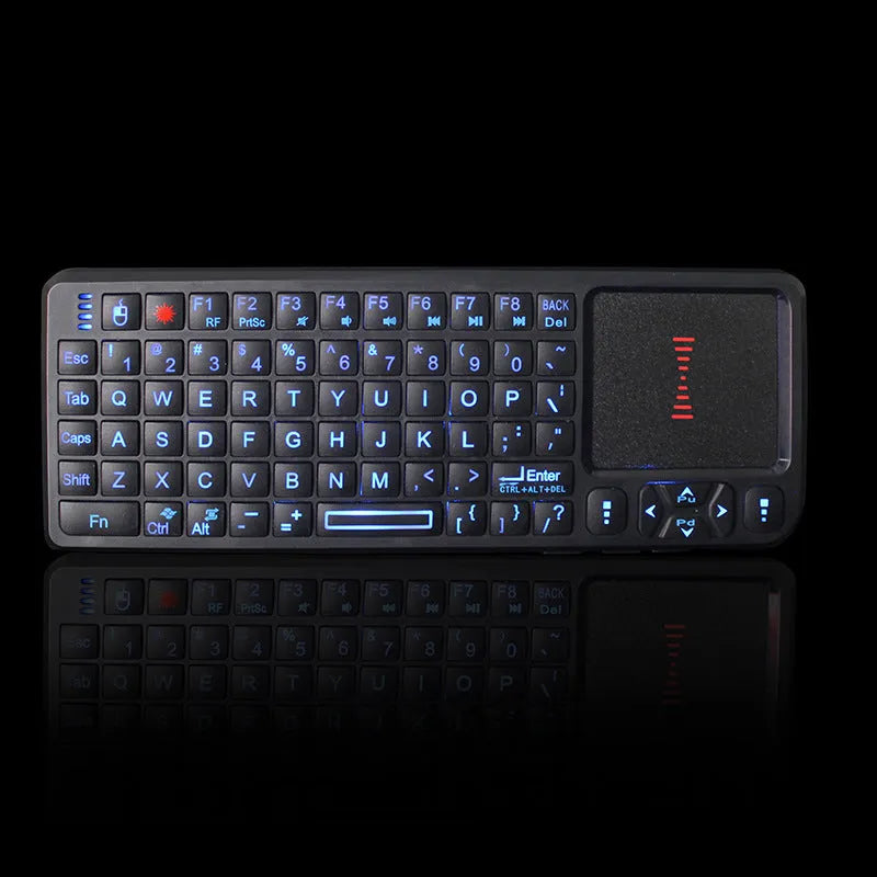 Black wireless mini keyboard with touch screen and matching laser mouse on a white background.