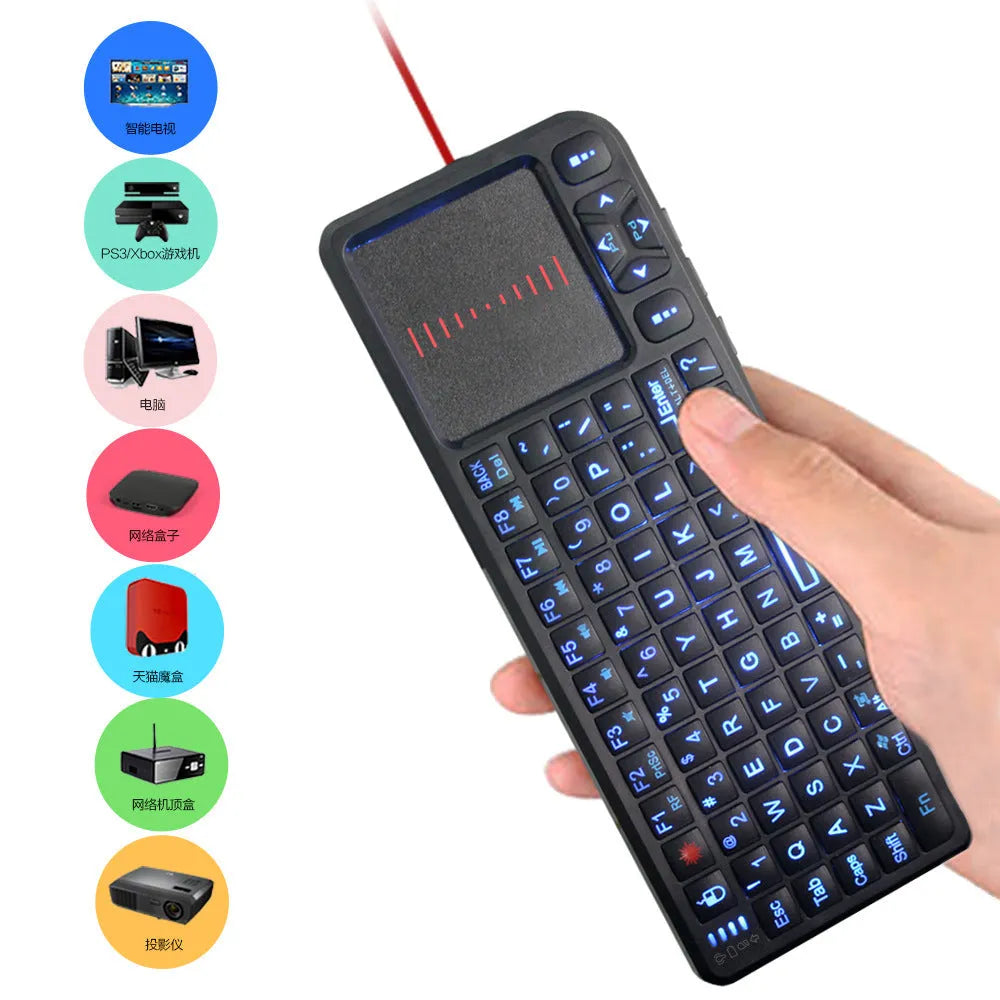 Black wireless mini keyboard with touch screen and matching laser mouse on a white background.