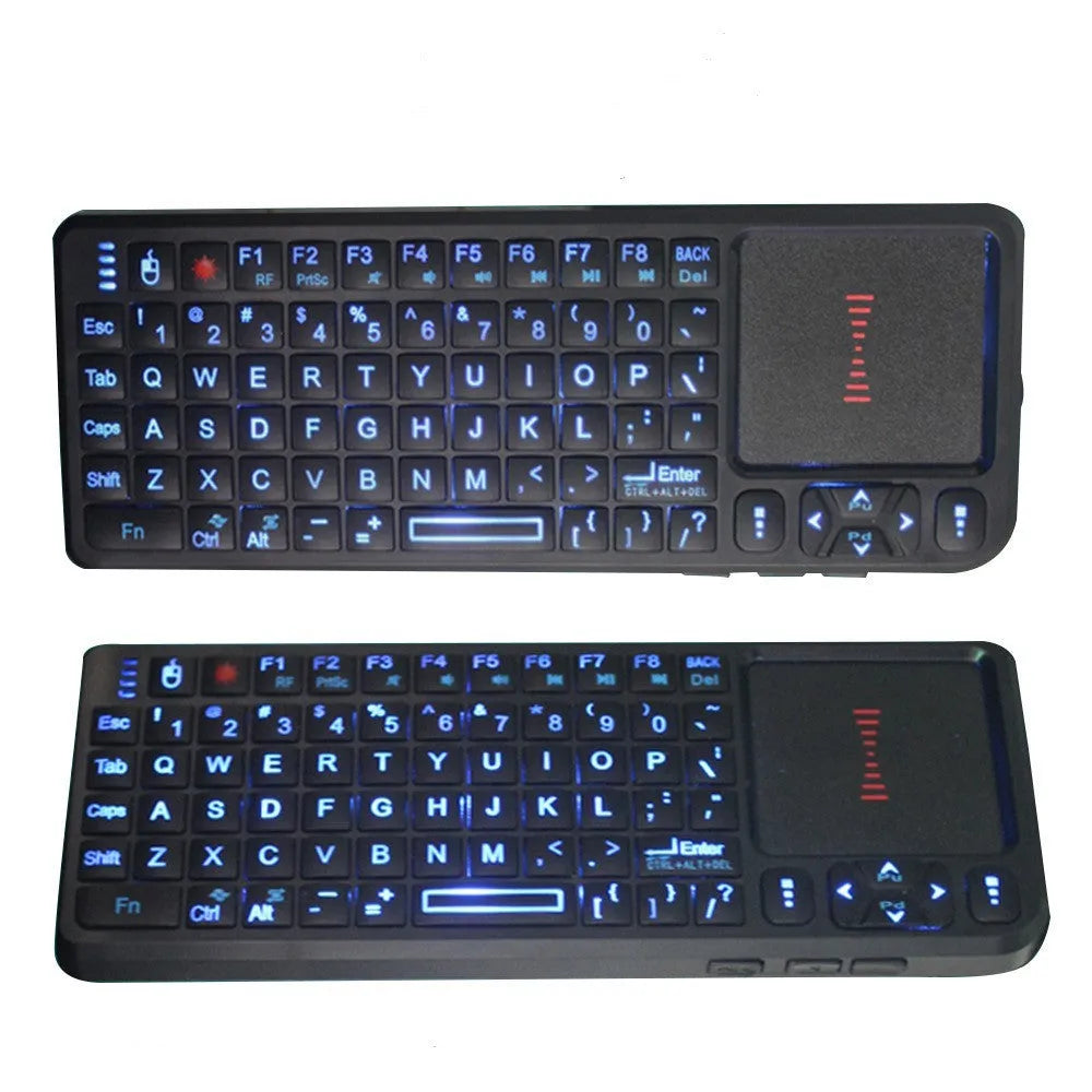 Black wireless mini keyboard with touch screen and matching laser mouse on a white background.