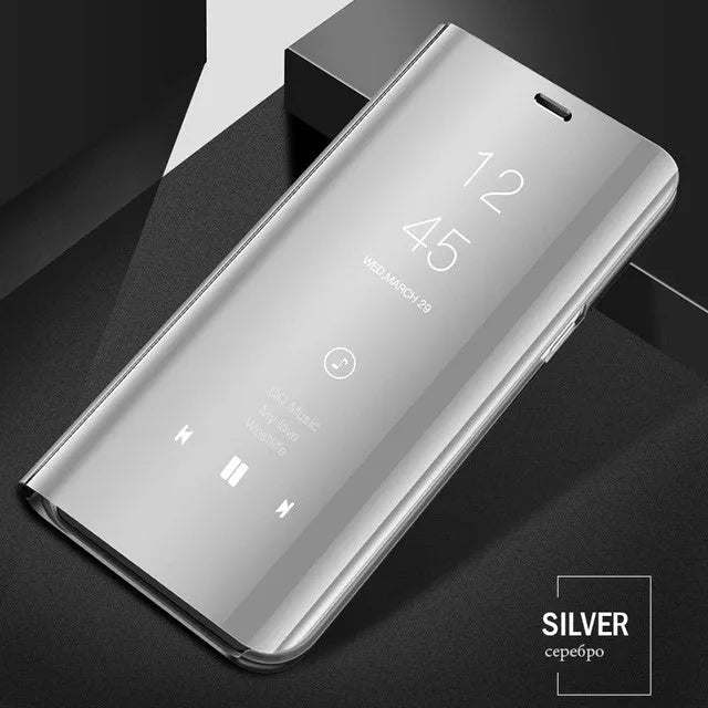 Samsung Galaxy mirror flip case in black showing front cover with mirror and deployed kickstand on the back.