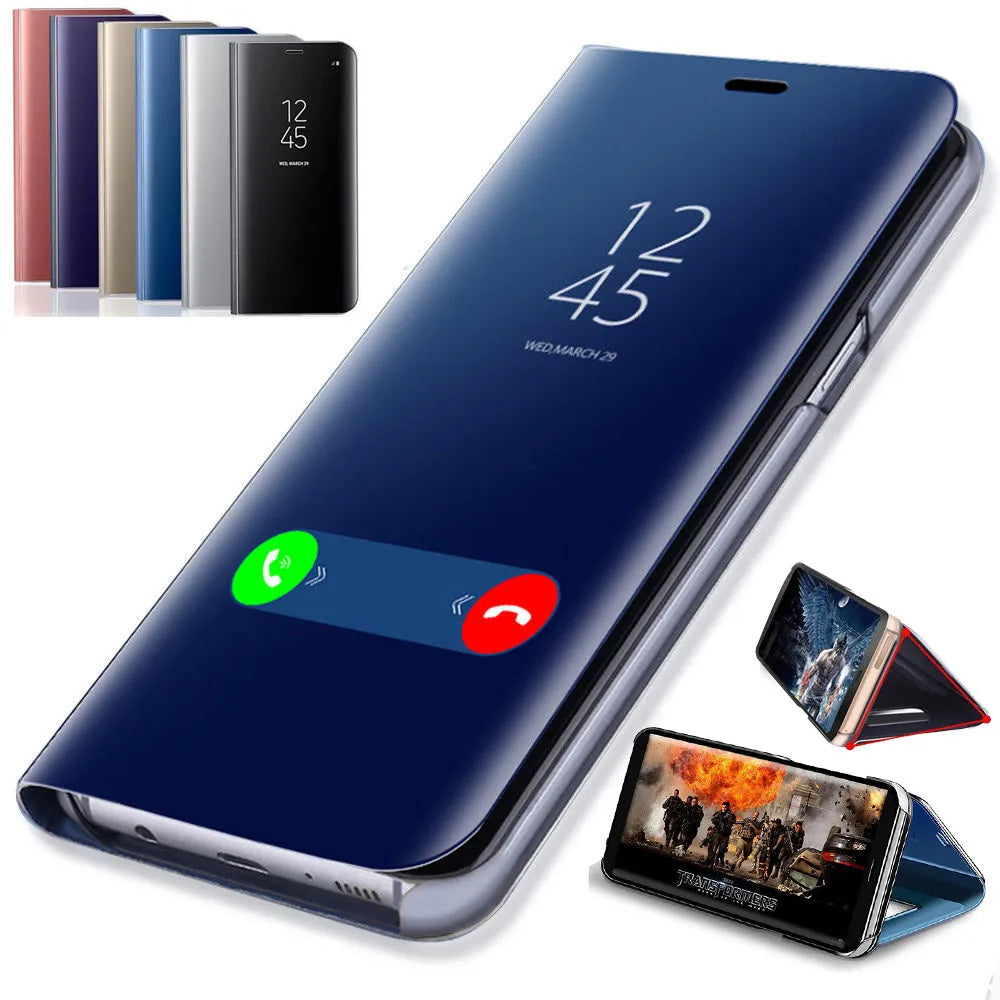 Samsung Galaxy mirror flip case in black showing front cover with mirror and deployed kickstand on the back.