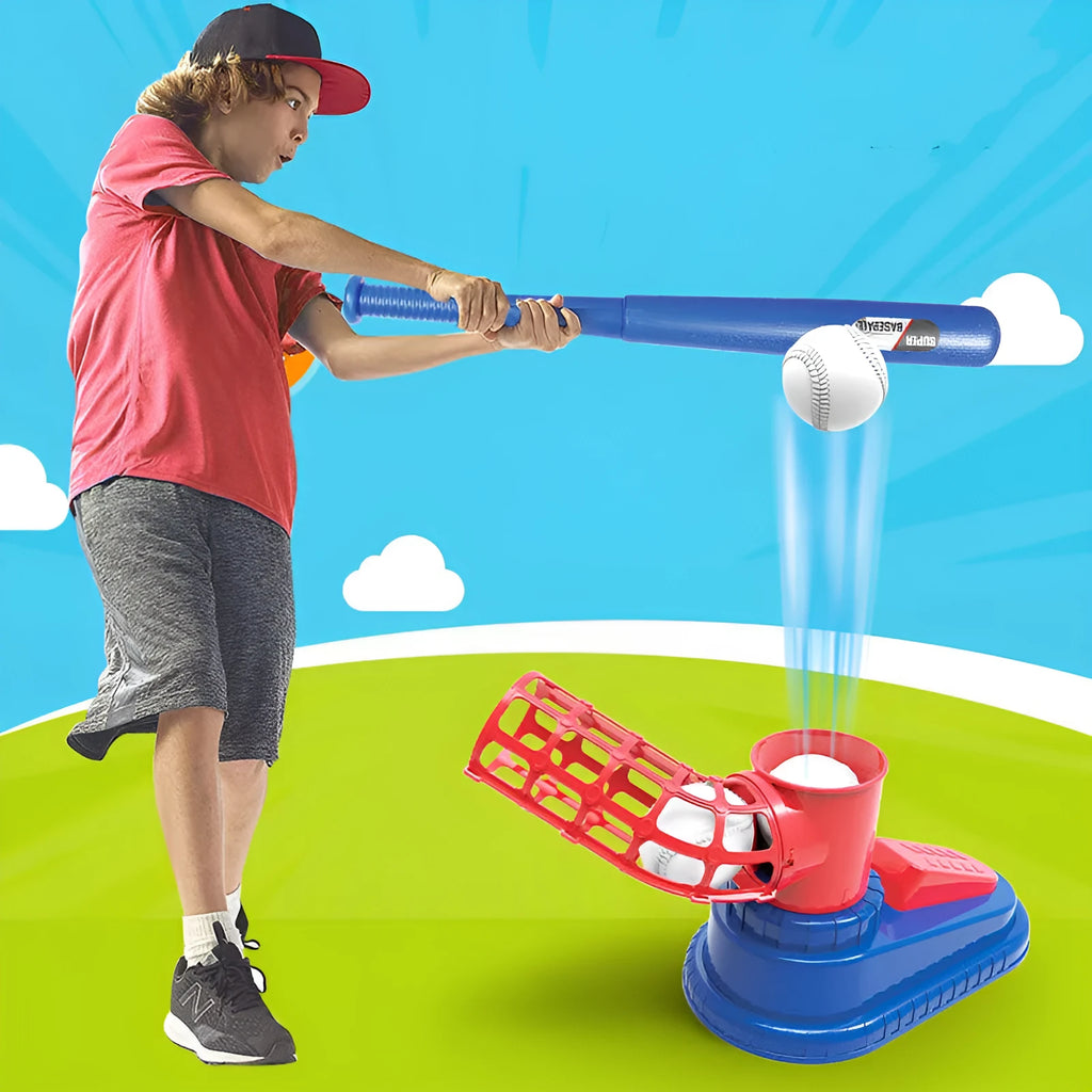 Children's baseball serving trainer toy with step pedal, collapsible bat, and three baseballs on grass