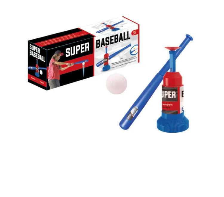 Children's baseball serving trainer toy with step pedal, collapsible bat, and three baseballs on grass
