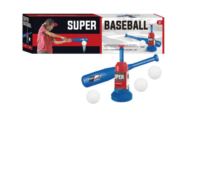 Children's baseball serving trainer toy with step pedal, collapsible bat, and three baseballs on grass