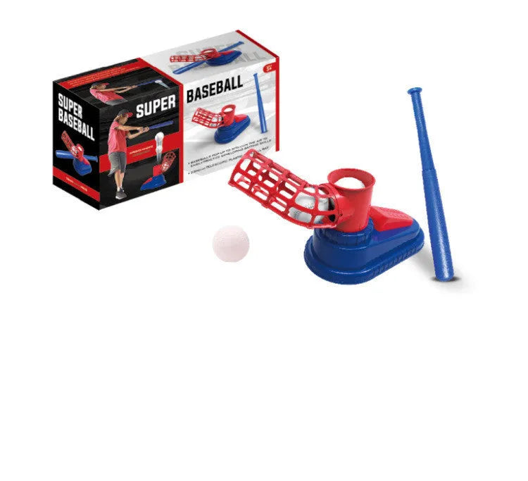 Children's baseball serving trainer toy with step pedal, collapsible bat, and three baseballs on grass