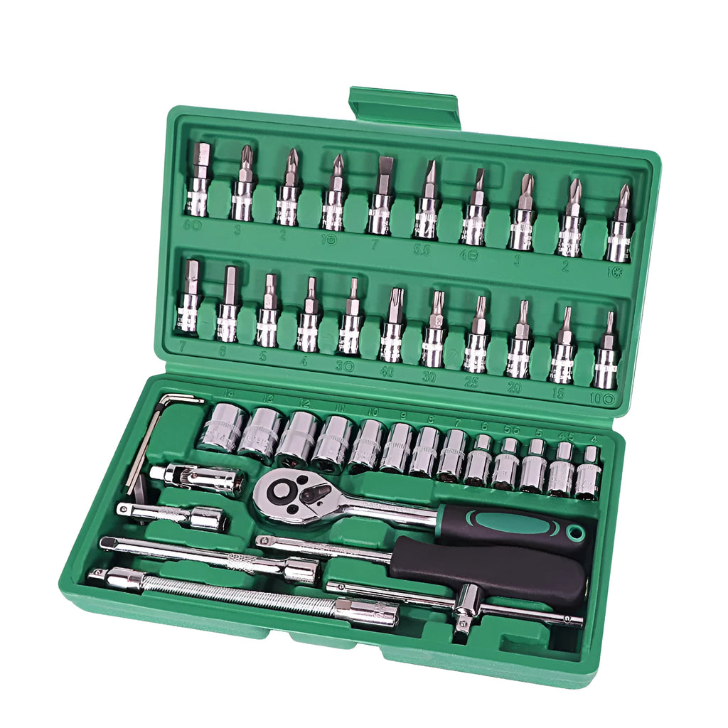 Green plastic box containing a 46-piece metric socket set, ratchet, and wrenches for car repair.