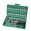 Green plastic box containing a 46-piece metric socket set, ratchet, and wrenches for car repair.