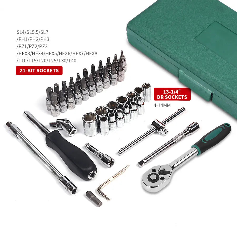 Green plastic box containing a 46-piece metric socket set, ratchet, and wrenches for car repair.