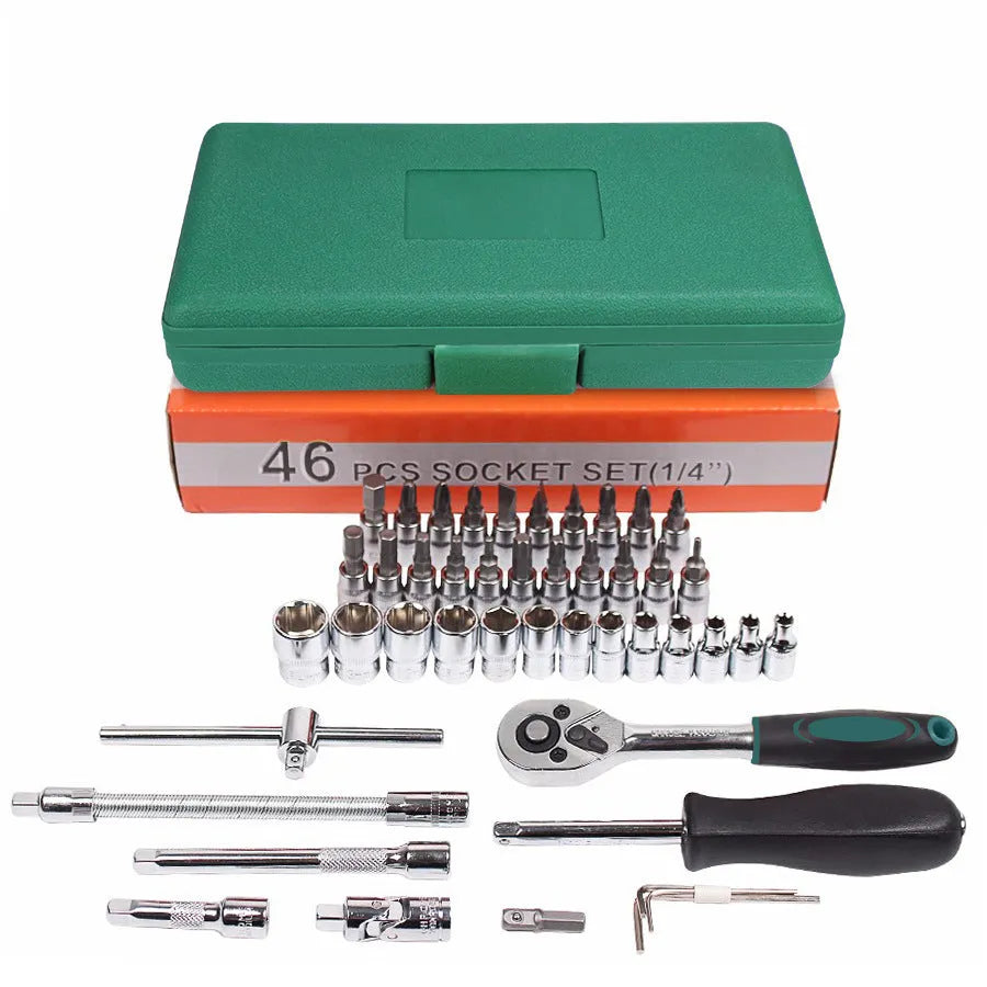 Green plastic box containing a 46-piece metric socket set, ratchet, and wrenches for car repair.