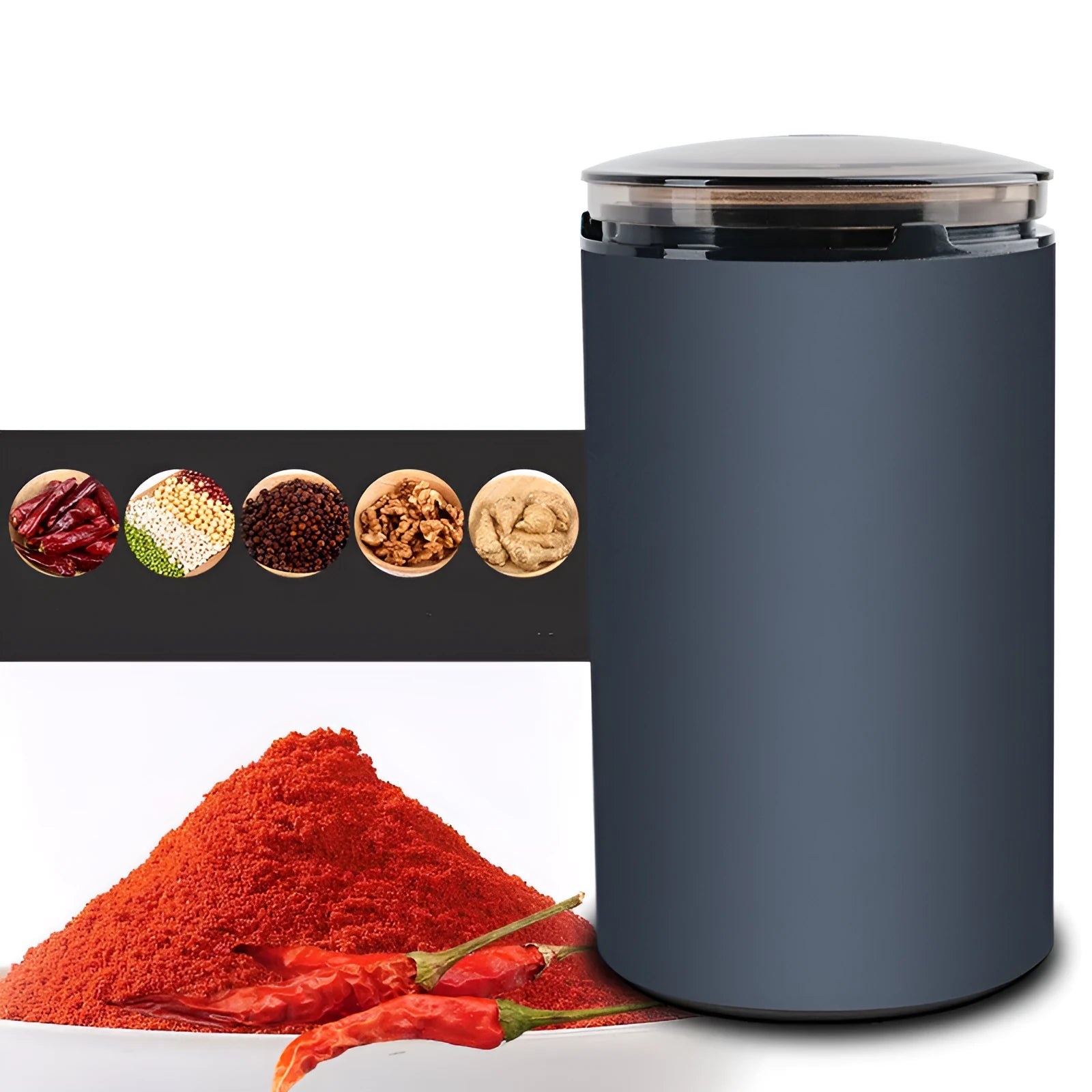 Electric herb grinder model 150A in Navy colour with aluminium alloy cup body and 220V power cord