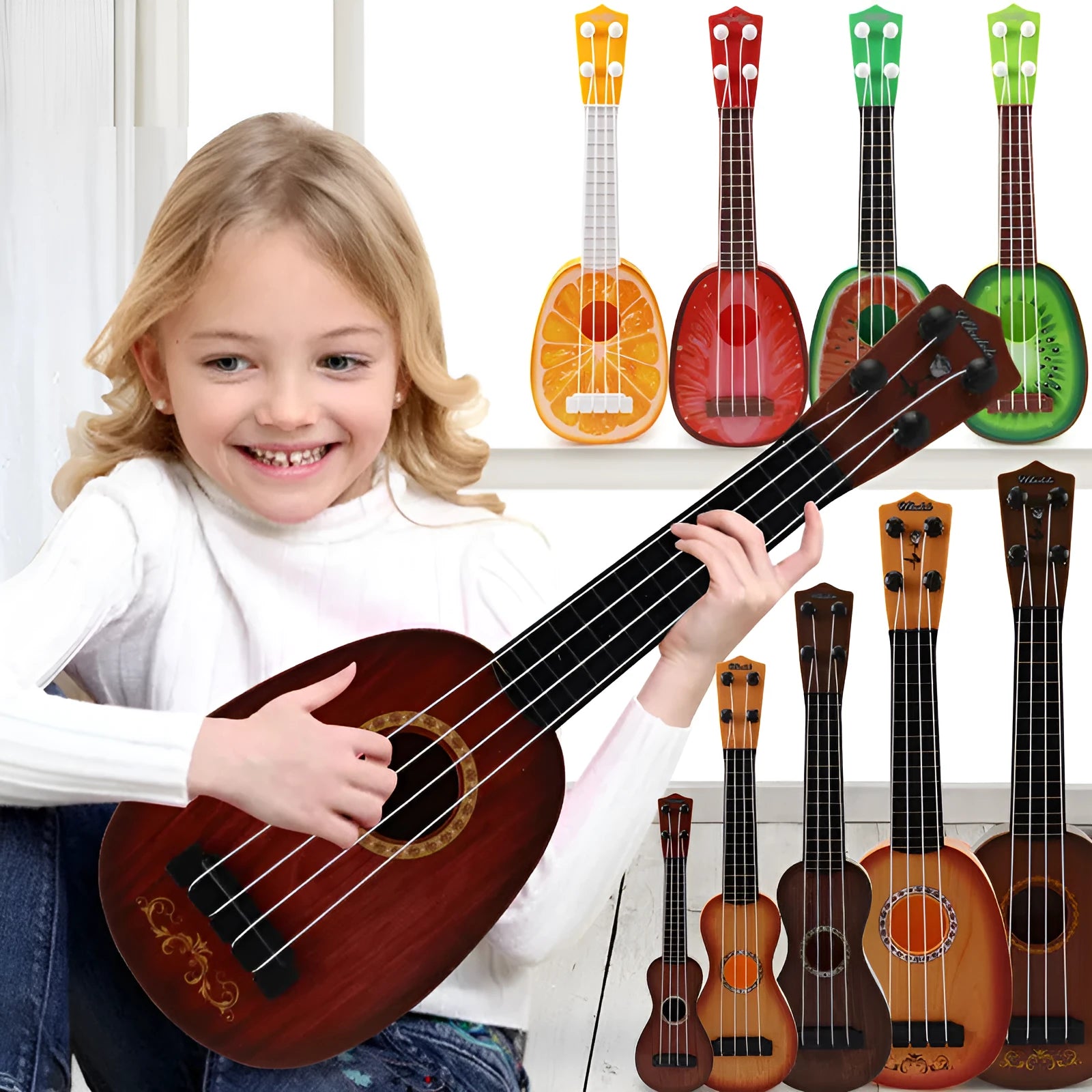 38cm plastic ukulele toy for children with retro guitar styling in multiple colour options
