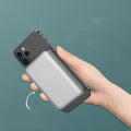 Silver aluminium magnetic wireless power bank for iPhone 12 showing dimensions and USB-C port.