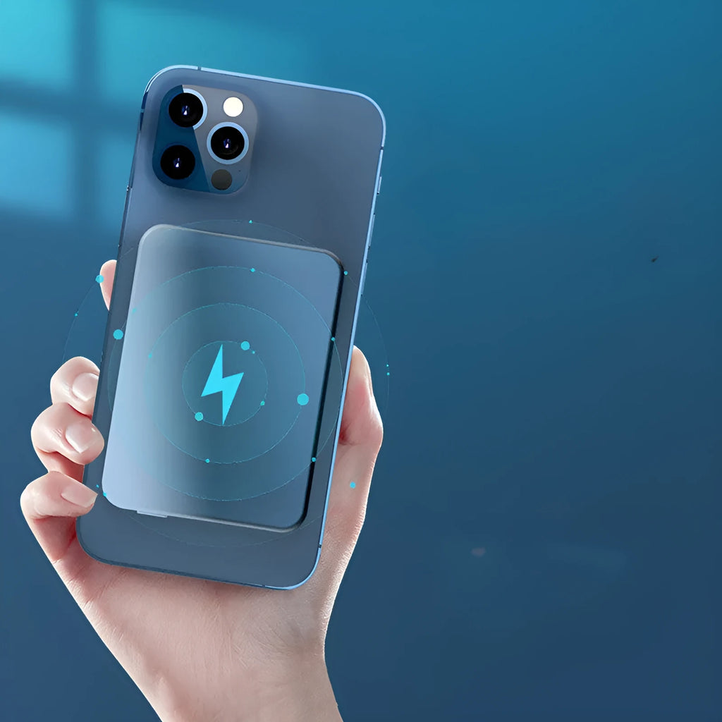 Silver aluminium magnetic wireless power bank for iPhone 12 showing dimensions and USB-C port.