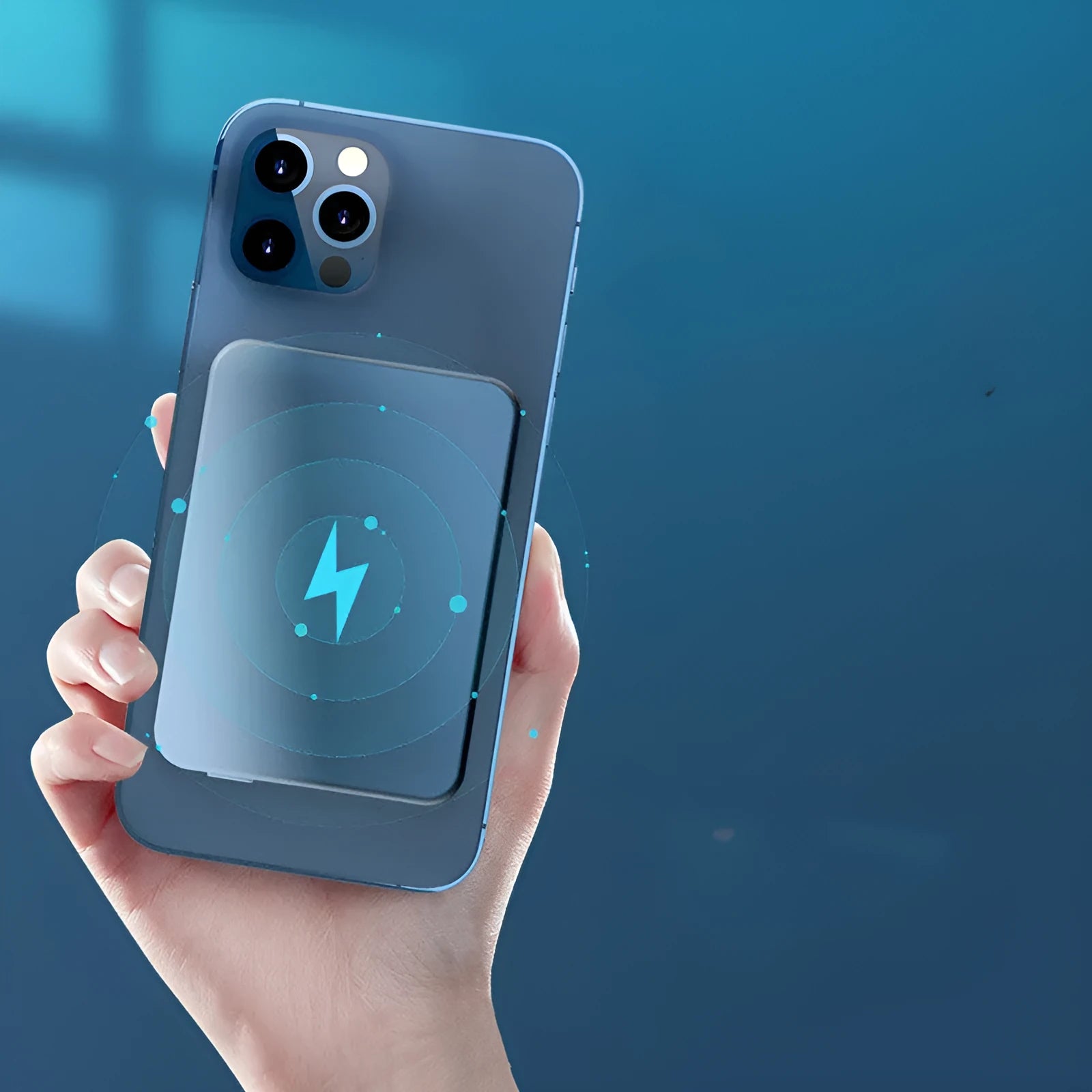 Silver aluminium magnetic wireless power bank for iPhone 12 showing dimensions and USB-C port.