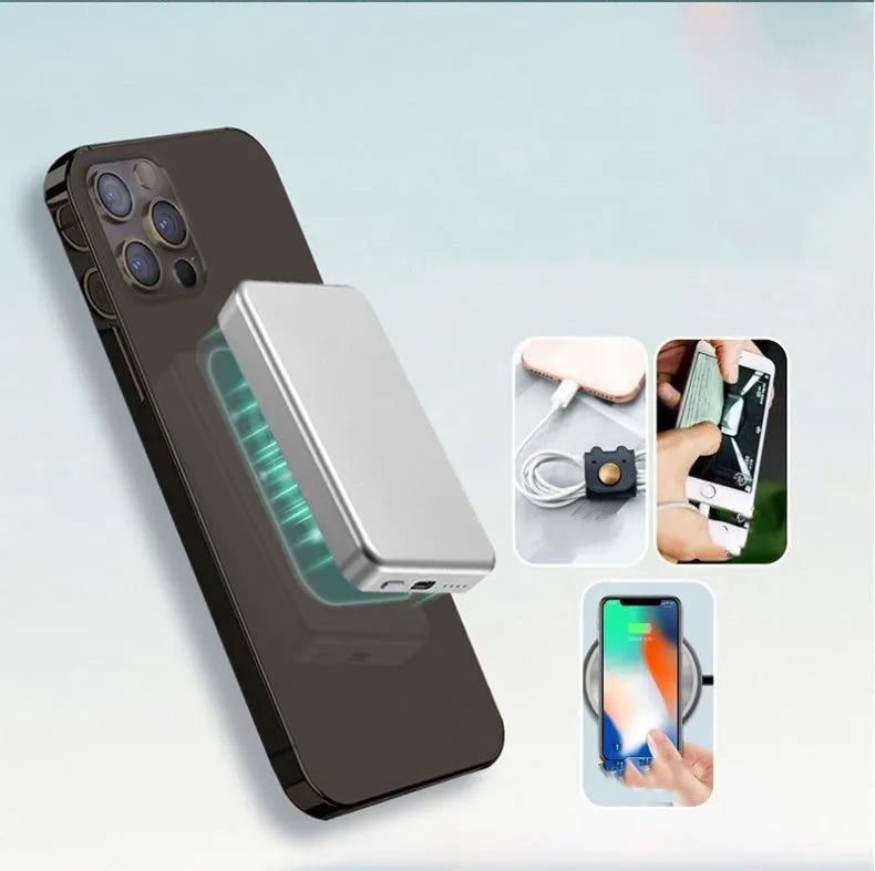 Silver aluminium magnetic wireless power bank for iPhone 12 showing dimensions and USB-C port.
