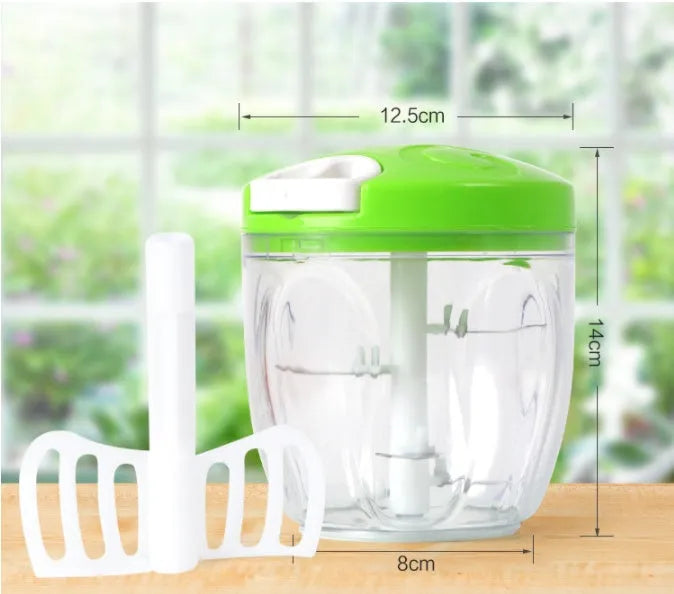 Green manual kitchen chopper grinder with three stainless steel blades and 500ml capacity bowl