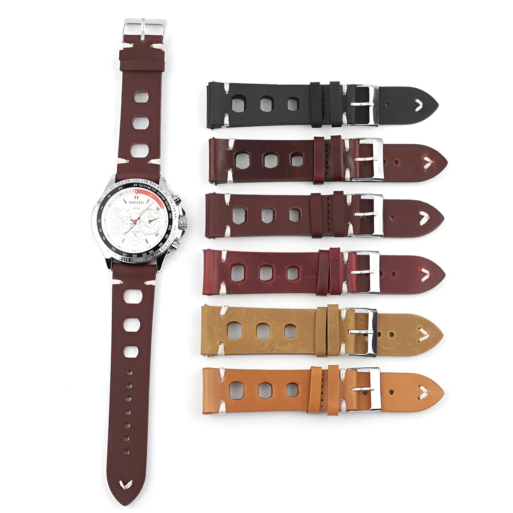 Genuine cowhide leather watch strap with stainless steel pin buckle, available in 18mm to 26mm widths and six colours