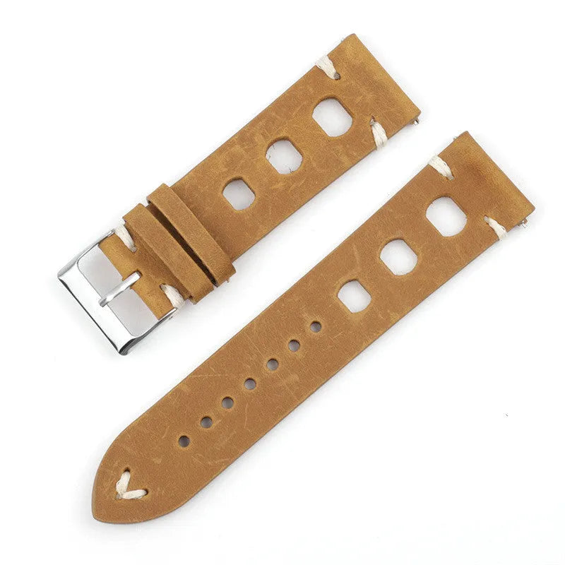 Genuine cowhide leather watch strap with stainless steel pin buckle, available in 18mm to 26mm widths and six colours