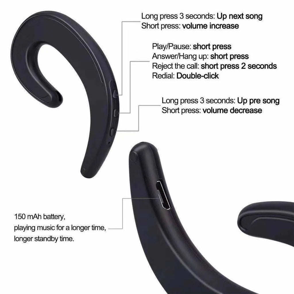 Wireless Bluetooth earphones with ear-hook design in black, red, silver, white or gold colour options