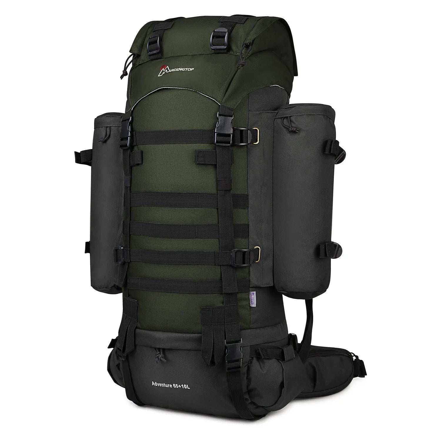 Tactical backpack in black, polyester mountaineering bag 36-55L capacity with military pattern