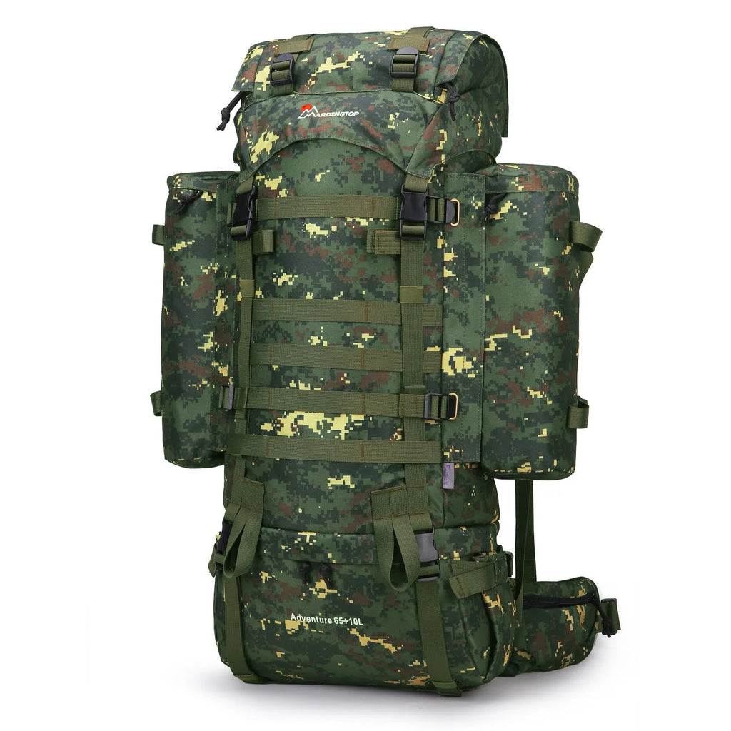 Tactical backpack in black, polyester mountaineering bag 36-55L capacity with military pattern