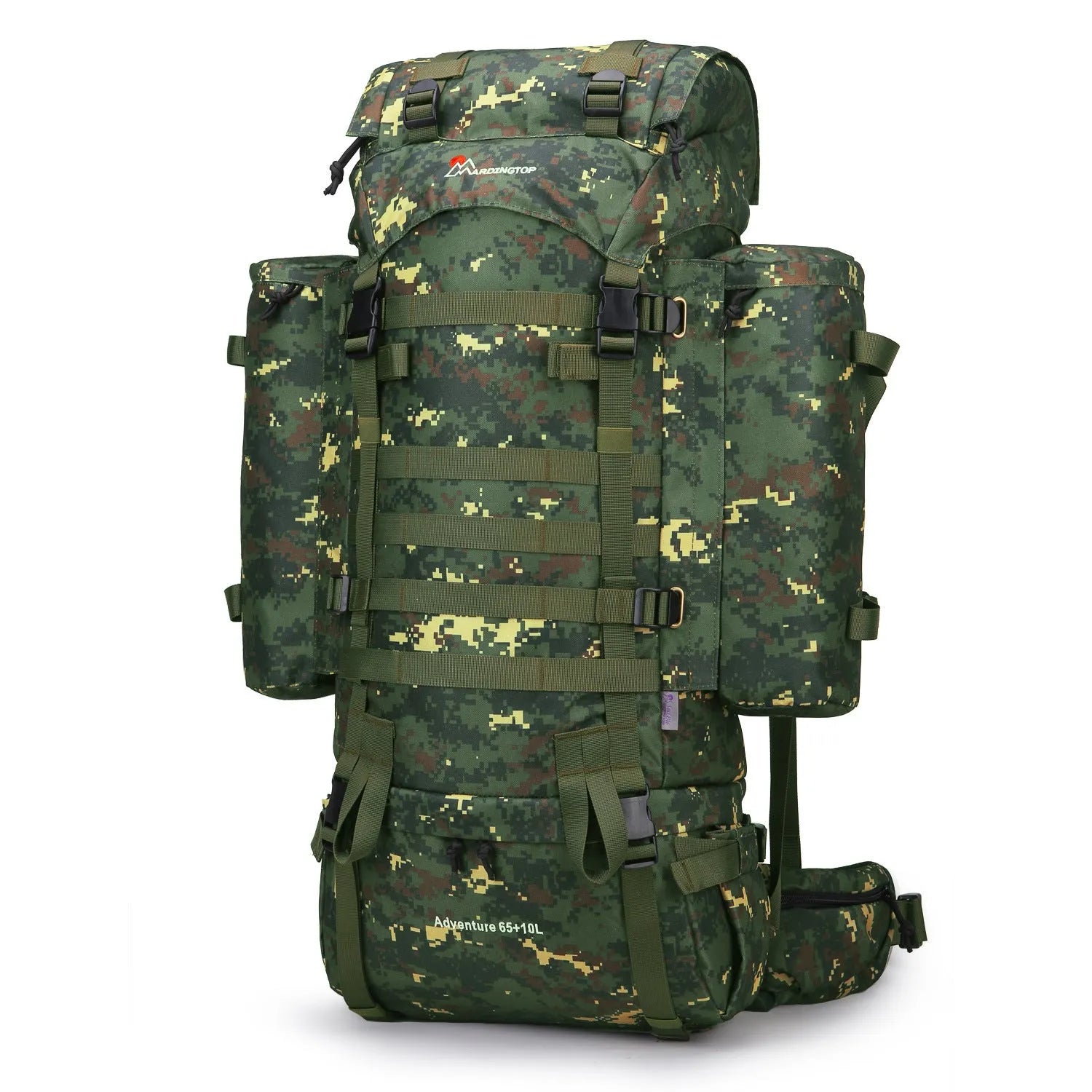 Tactical backpack in black, polyester mountaineering bag 36-55L capacity with military pattern