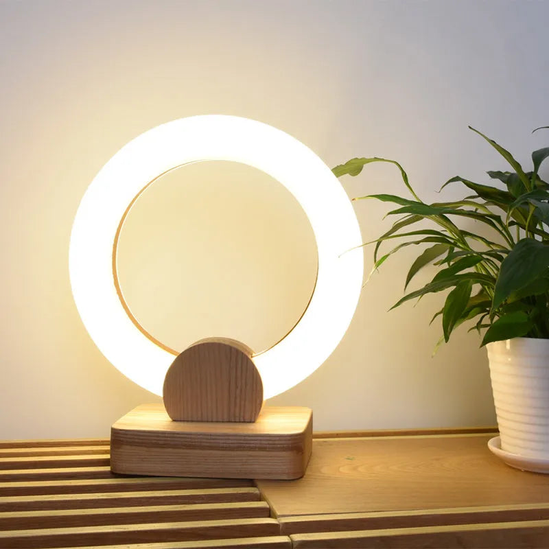 Nordic modern wooden art circular chandelier table lamp with a round acrylic shade, shown in 20cm and 30cm diameter options.