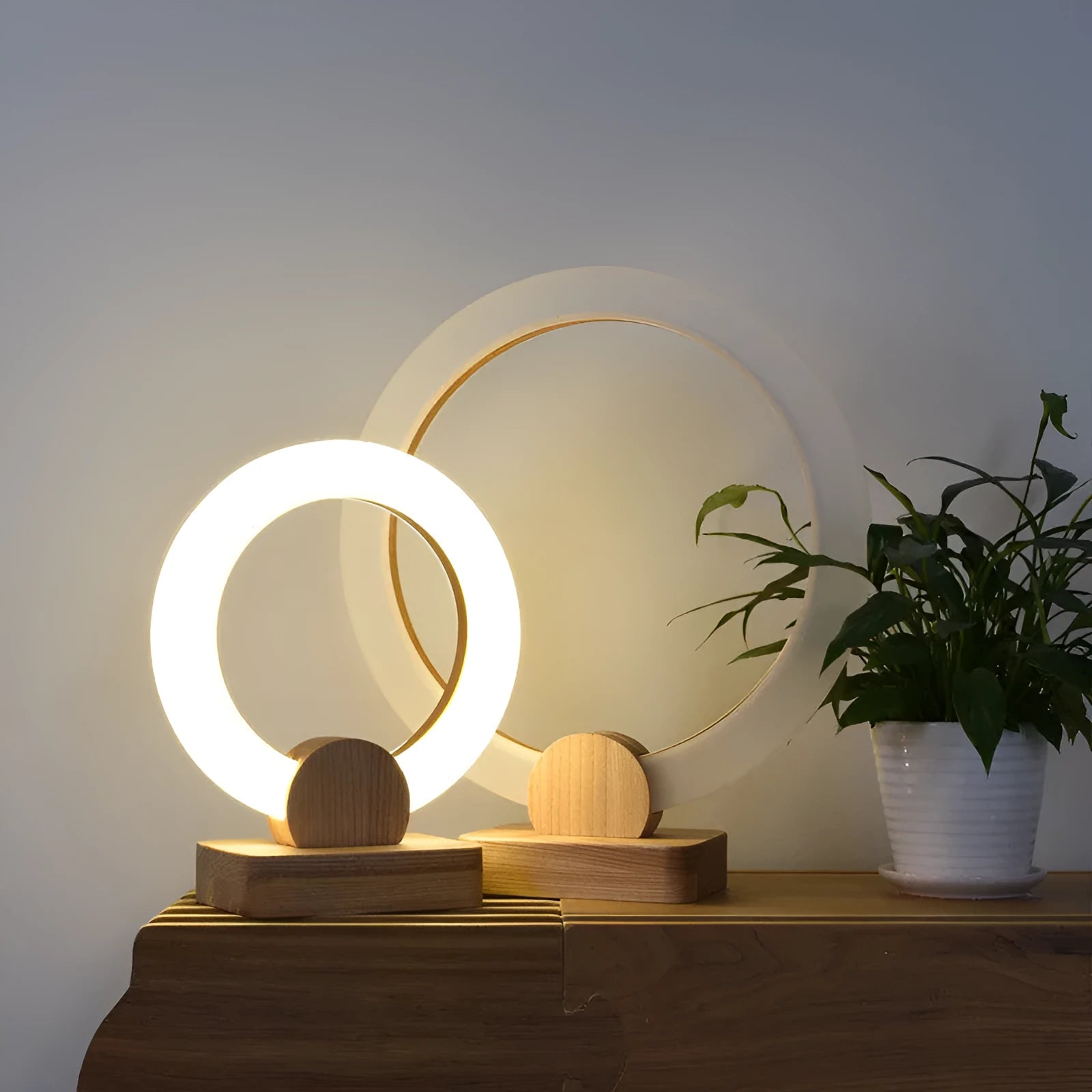Nordic modern wooden art circular chandelier table lamp with a round acrylic shade, shown in 20cm and 30cm diameter options.