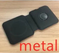 White folding dual magnetic wireless charging dock shown in stand mode with a phone attached.