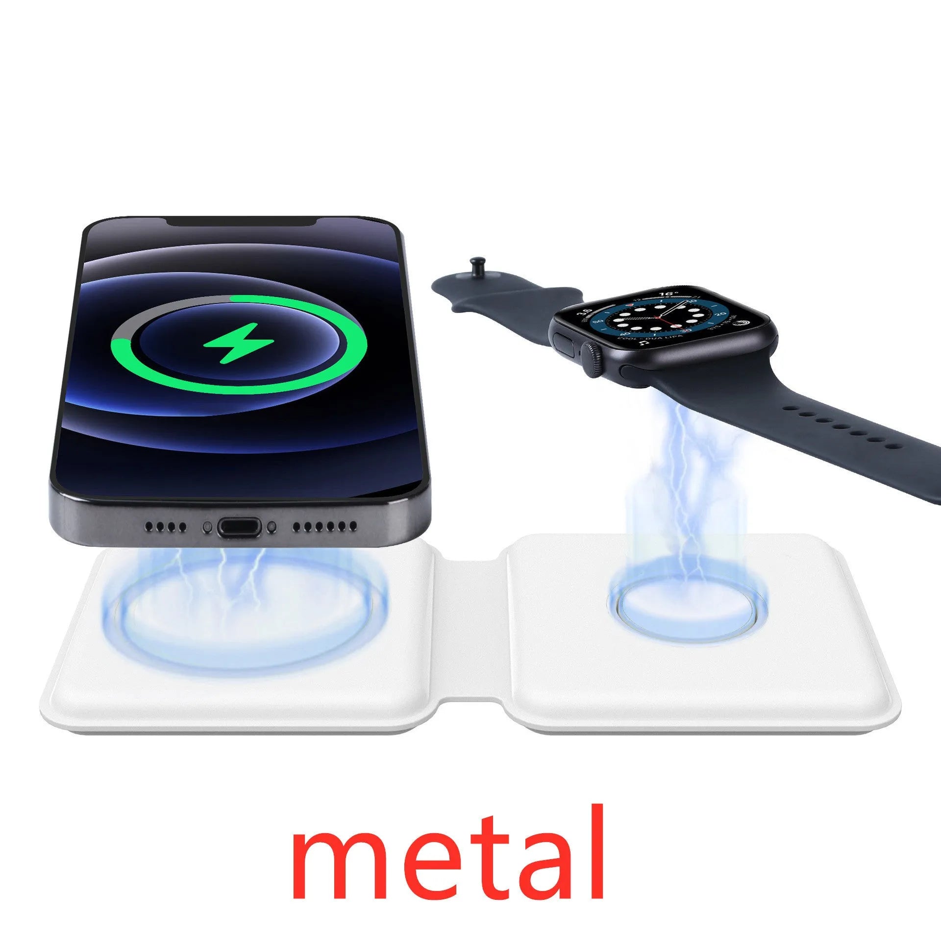 White folding dual magnetic wireless charging dock shown in stand mode with a phone attached.