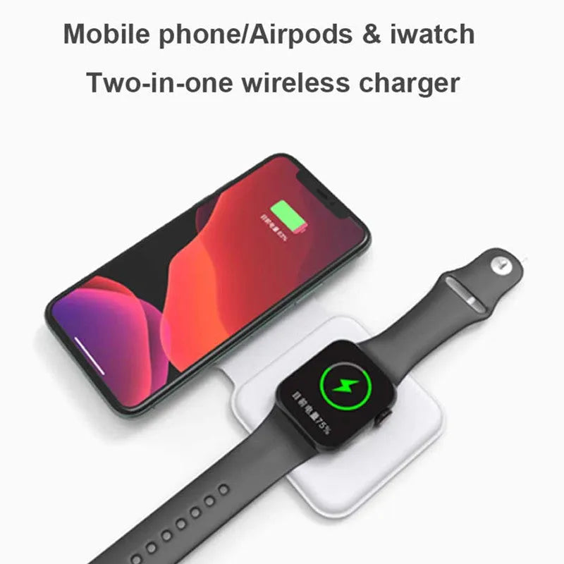 White folding dual magnetic wireless charging dock shown in stand mode with a phone attached.