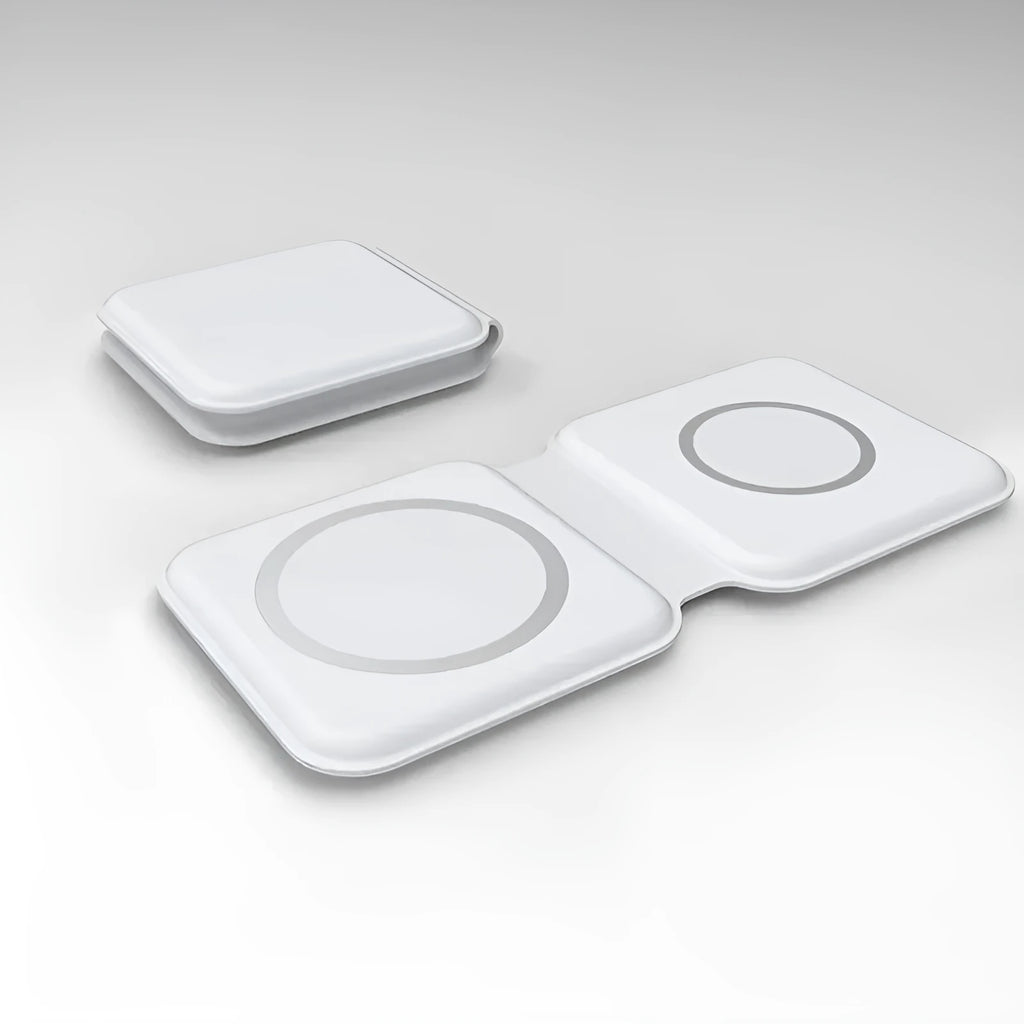 White folding dual magnetic wireless charging dock shown in stand mode with a phone attached.