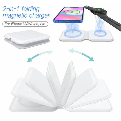 White folding dual magnetic wireless charging dock shown in stand mode with a phone attached.