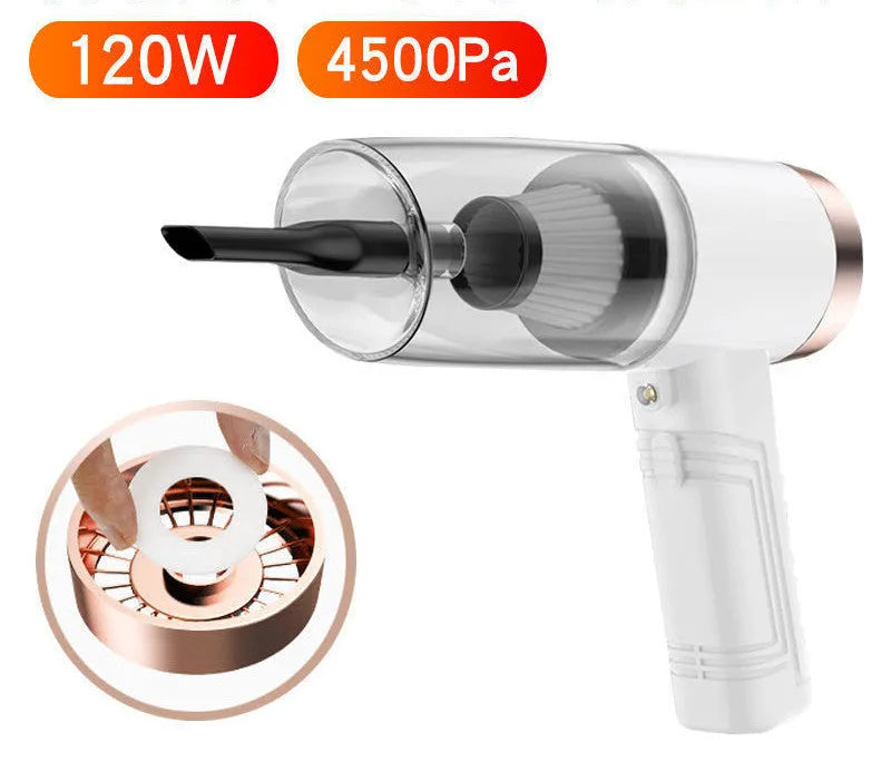 Black and white car vacuum cleaner with multiple accessory heads and extended power cord