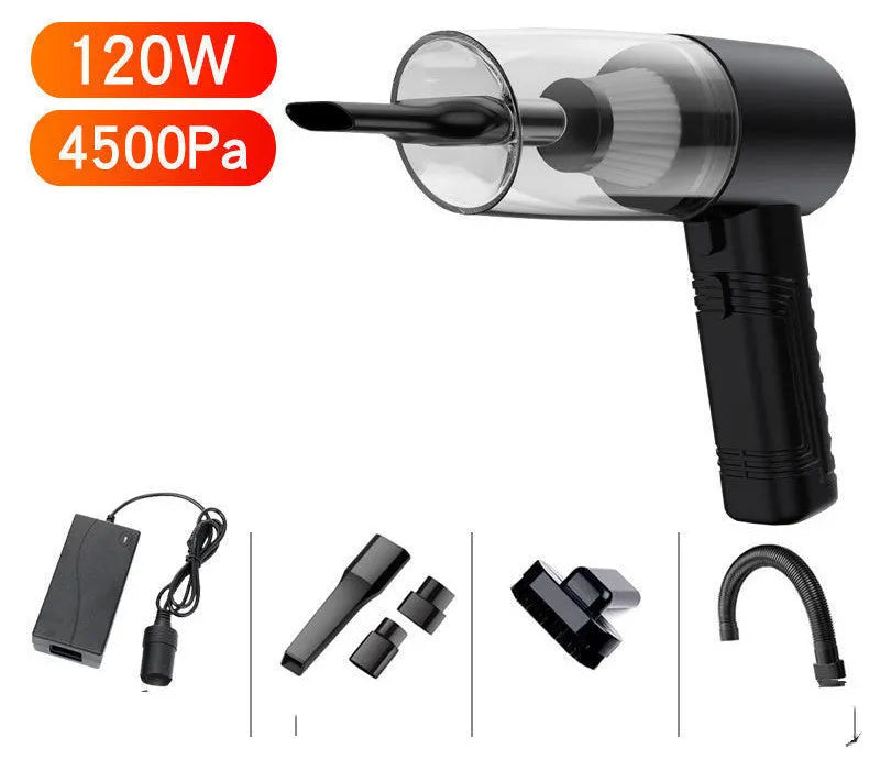 Black and white car vacuum cleaner with multiple accessory heads and extended power cord