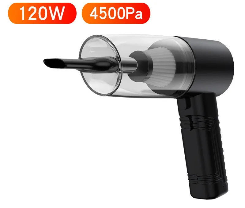 Black and white car vacuum cleaner with multiple accessory heads and extended power cord