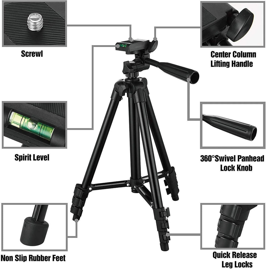 Black aluminium alloy portable tripod with quick-release plate, fully extended to 1020mm height.