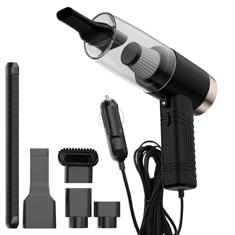 Black and white car vacuum cleaner with multiple accessory heads and extended power cord