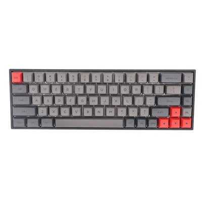Set of 68 PBT keycaps for a compact mechanical keyboard in various colour options on a grey background.