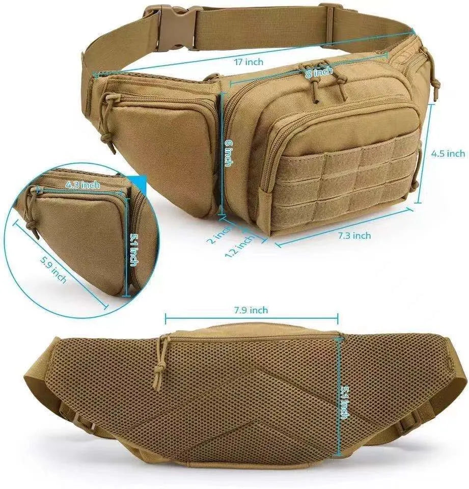 Men's tactical multifunctional waist bag in black or khaki colour without shoulder straps