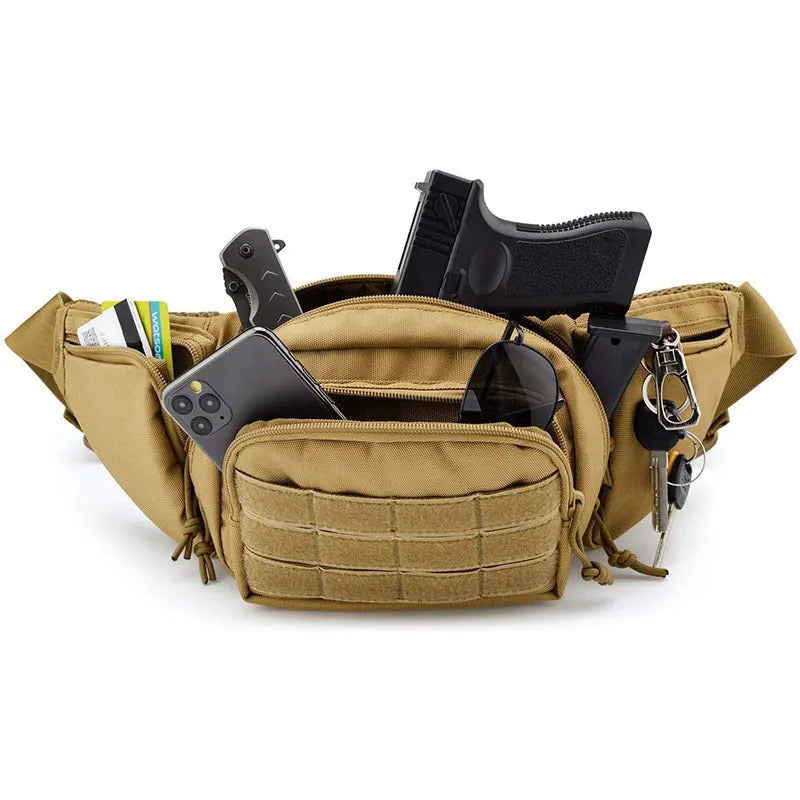 Men's tactical multifunctional waist bag in black or khaki colour without shoulder straps