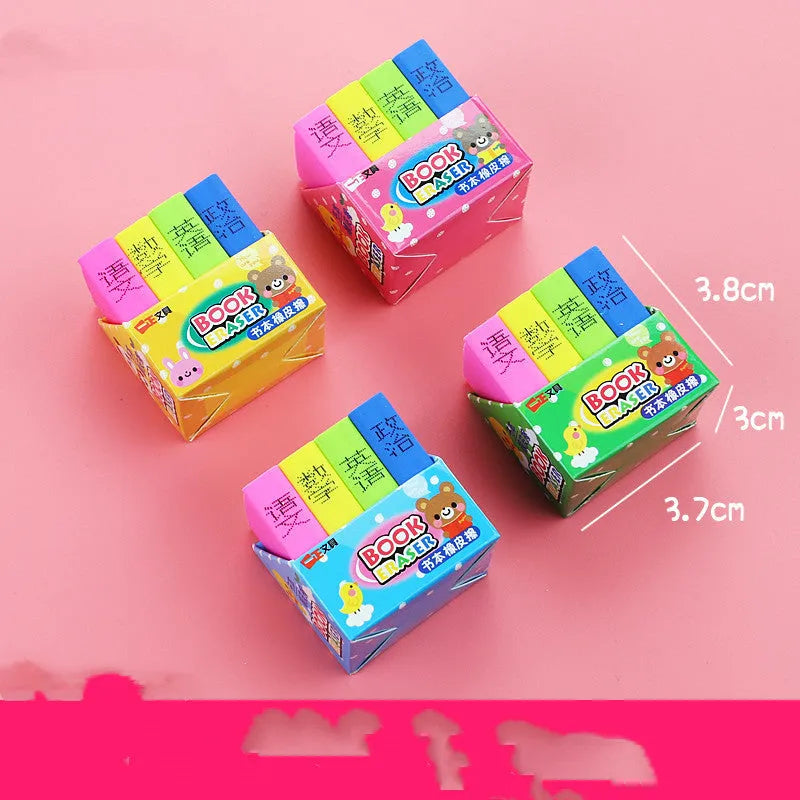 Cartoon book eraser set with four erasers for student prizes and classroom rewards