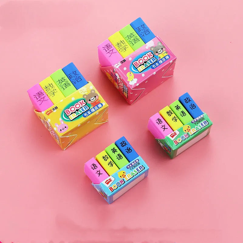 Cartoon book eraser set with four erasers for student prizes and classroom rewards