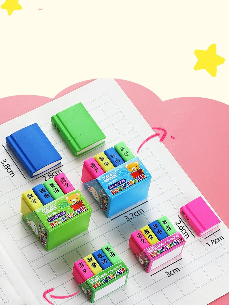 Cartoon book eraser set with four erasers for student prizes and classroom rewards
