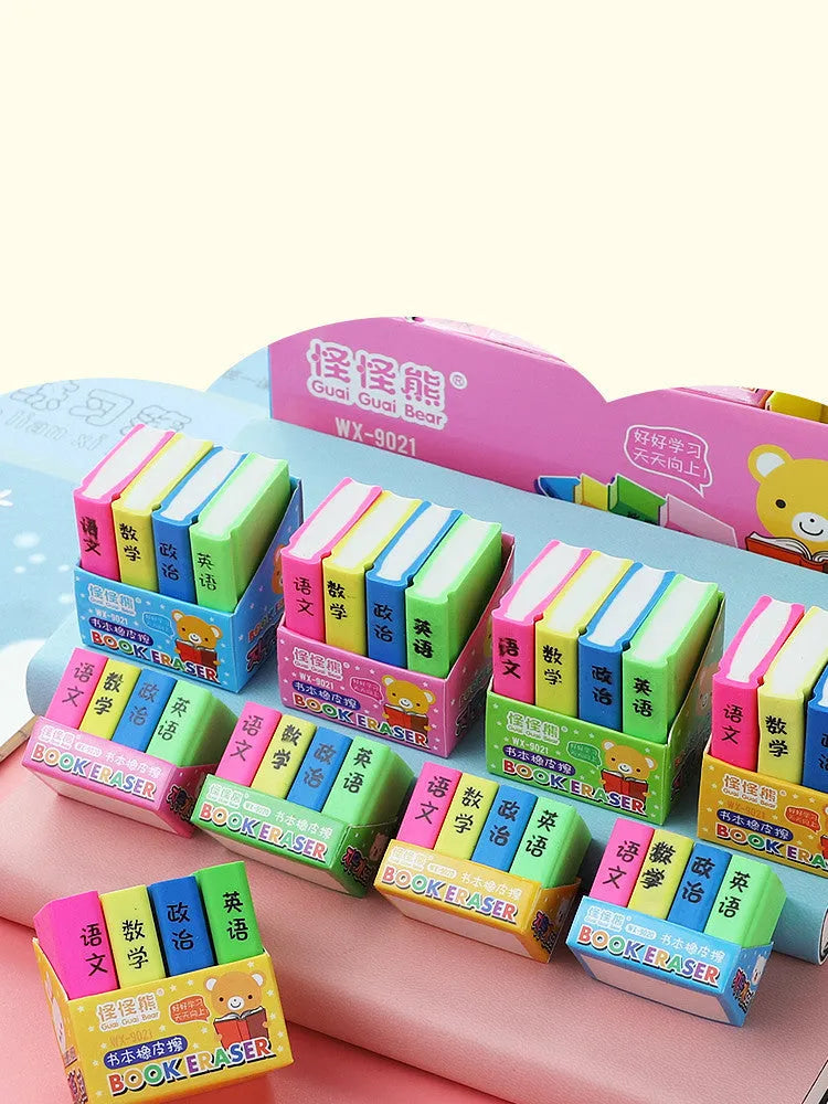 Cartoon book eraser set with four erasers for student prizes and classroom rewards