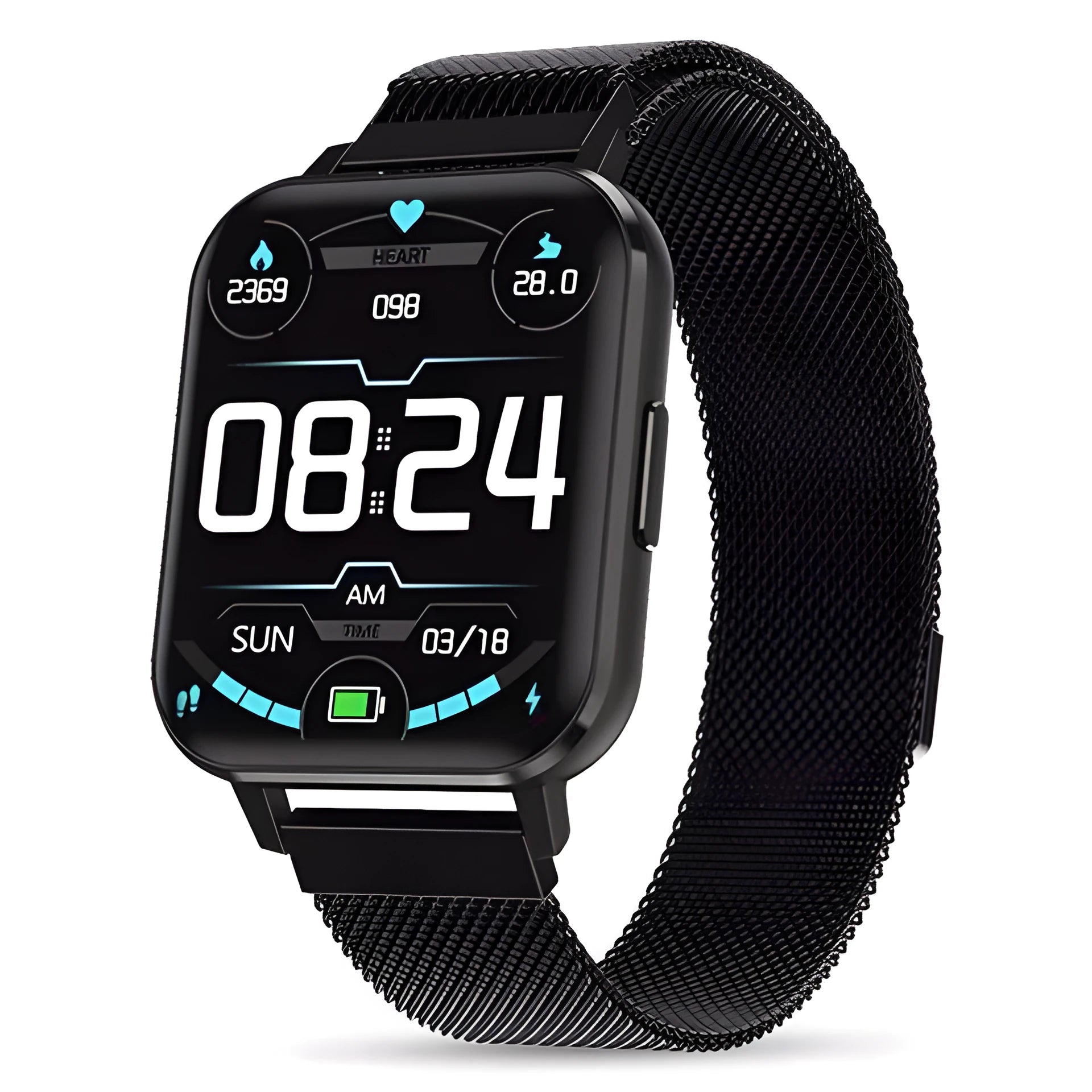 DTX Smart Watch with 1.78 inch screen showing heart rate data on wrist with black silicone strap.