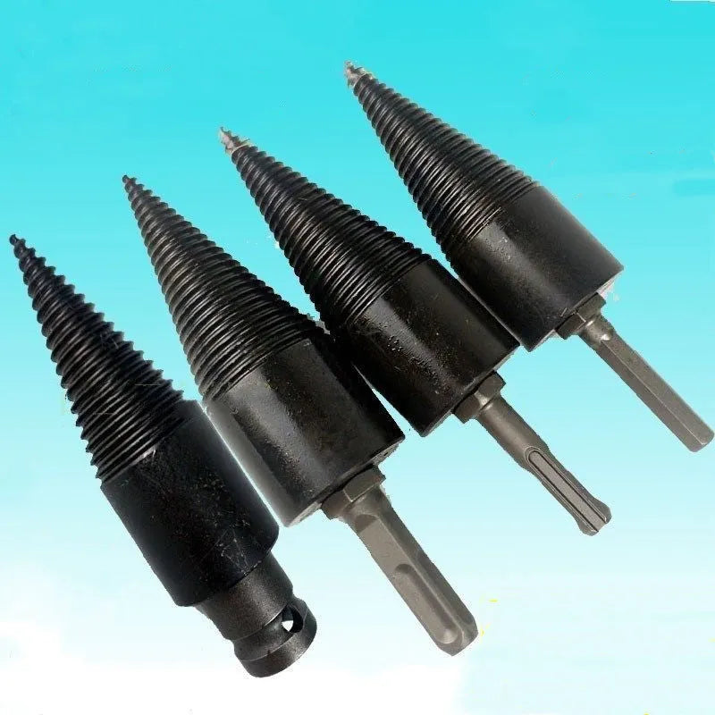 Hexagonal steel firewood splitting drill bit for electric drills, shown in 32mm and 42mm sizes.