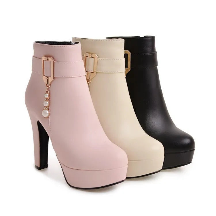 Waterproof platform thick heel women's Martin boots in black with side zipper and tassel detail