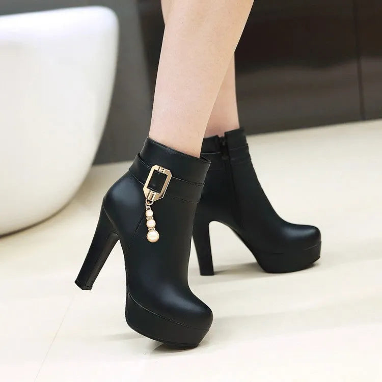 Waterproof platform thick heel women's Martin boots in black with side zipper and tassel detail