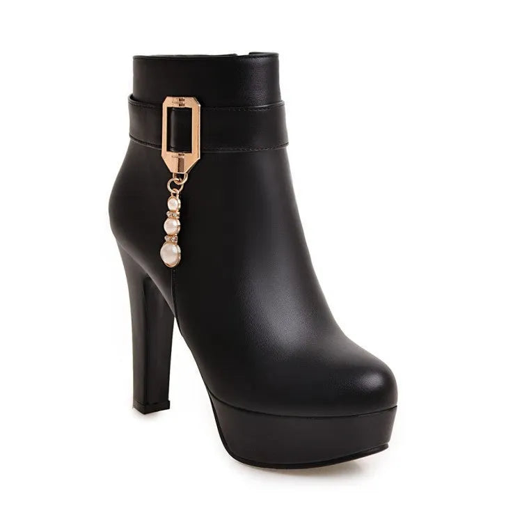 Waterproof platform thick heel women's Martin boots in black with side zipper and tassel detail